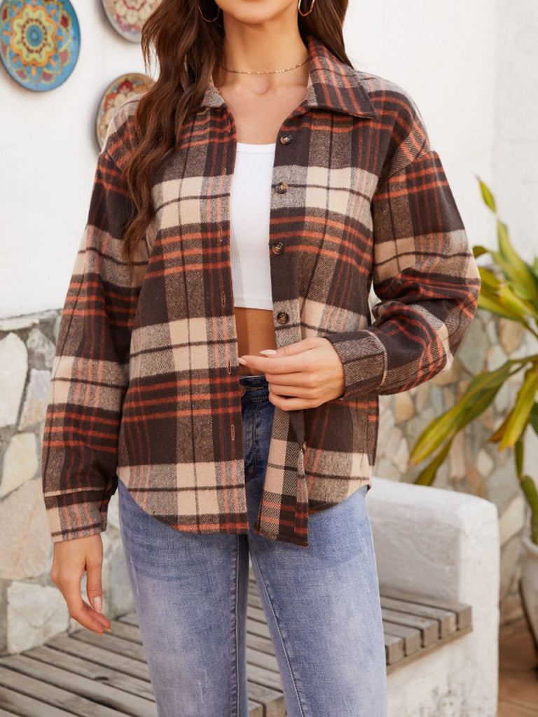 WW | Casual Herbst Karo Button-Up Braune Jacke für Frauen