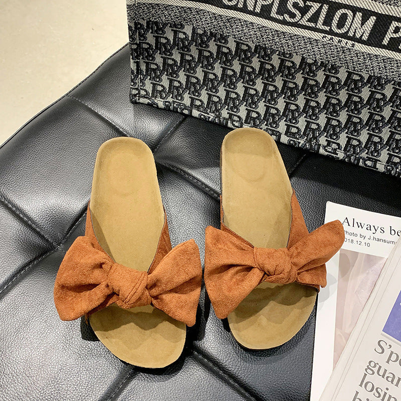 WW | Luxuriöse Wildleder Hausschuhe mit Schleife Beige