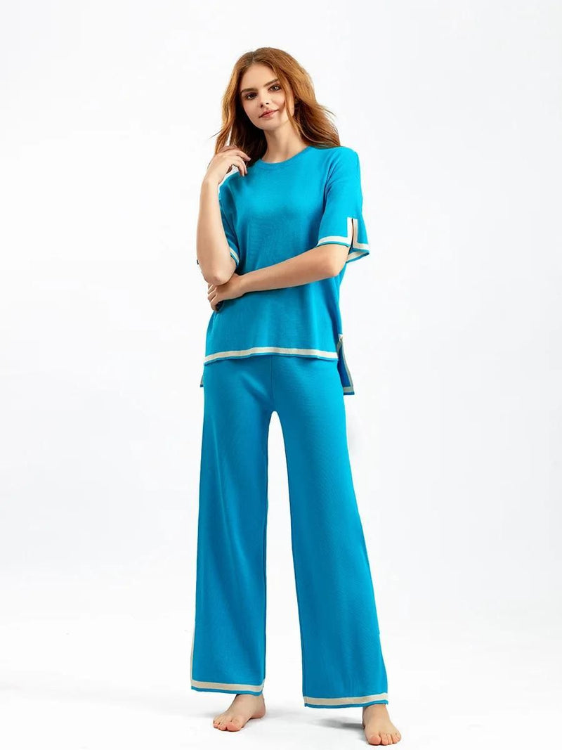 Damen Zweiteiler mit kurzärmeligem Oberteil und Hose mit hoher Taille