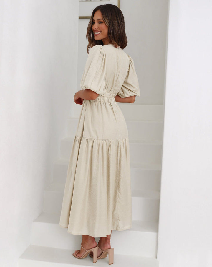 W&W Mode | Elegantes Kleid Mit V-Ausschnitt Und Puffärmeln