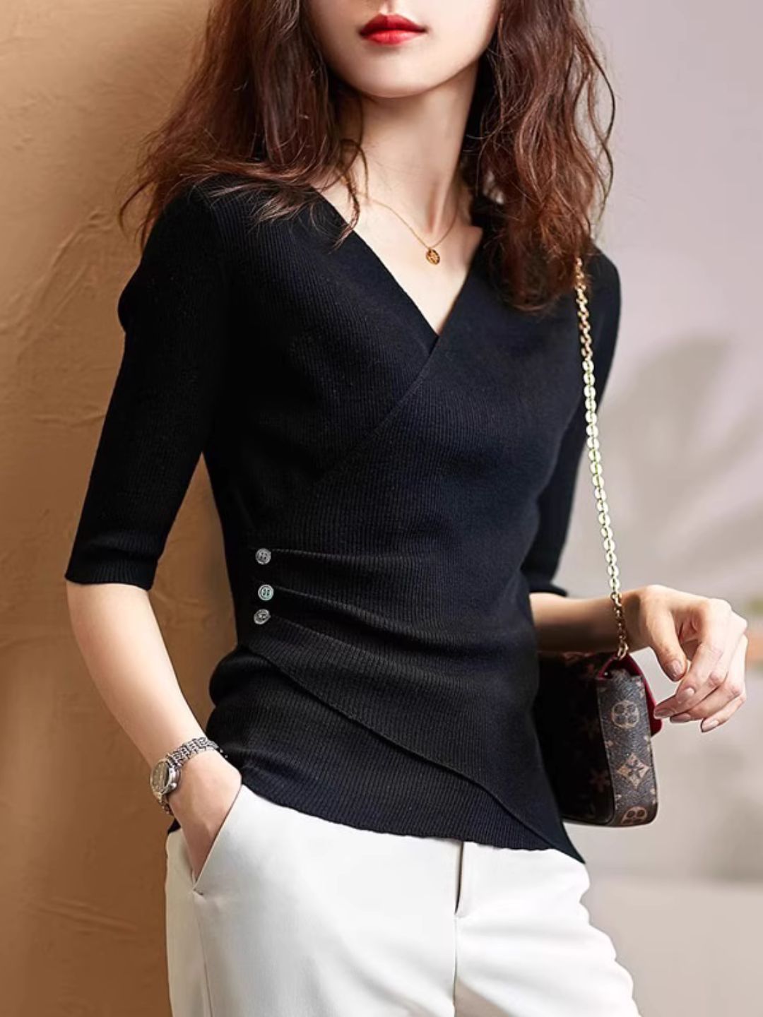 WW | Casual V-Ausschnitt Unifarben Stricktop Grün