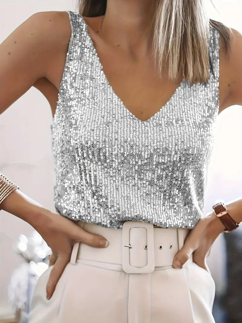 WW | Damen Glitter Pailletten V-Ausschnitt Top Ärmelloses Shirt Top Für Frauen