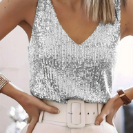 WW | Damen Glitter Pailletten V-Ausschnitt Top Ärmelloses Shirt Top Für Frauen