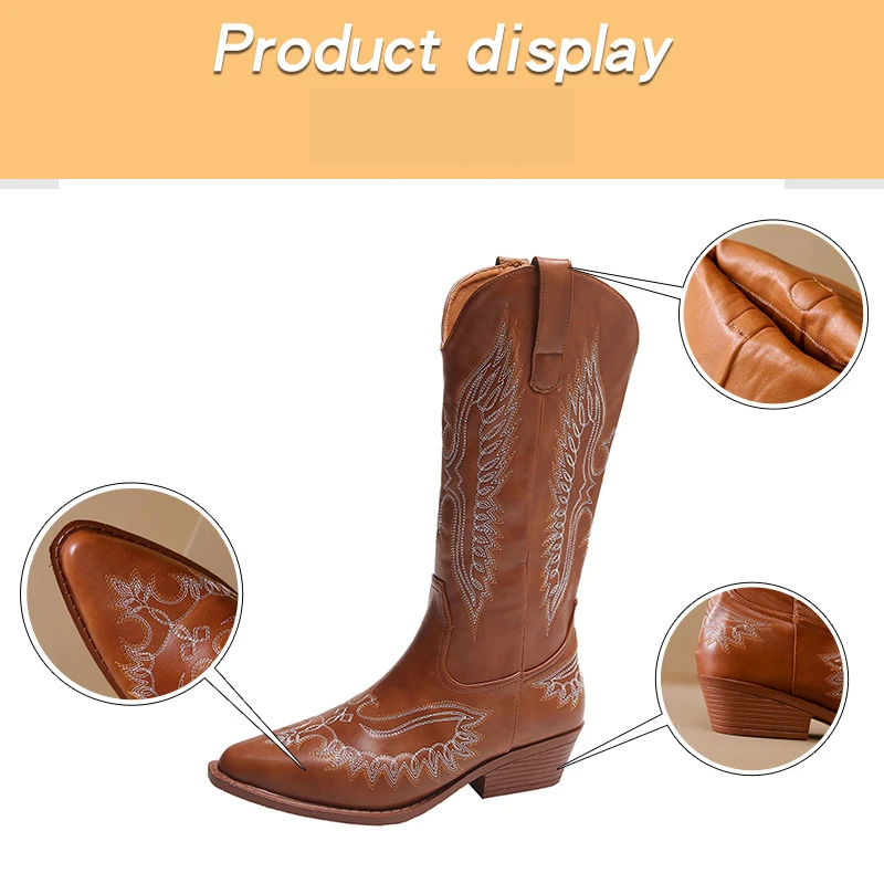 W&W Mode | Westernstiefel mit Detaillierten Stickereien & Niedrigem Absatz Cowboystiefel Damen