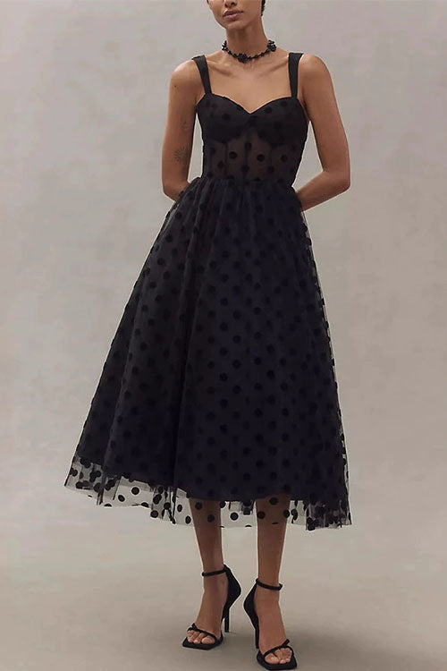 W&W Mode | Rosiekleid V-Ausschnitt Polka Dot Mesh A-Linie Midi Cami Kleid