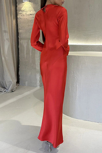 WW | Rosiedress Rundhals Lange Ärmel Satin Maxi Partykleid