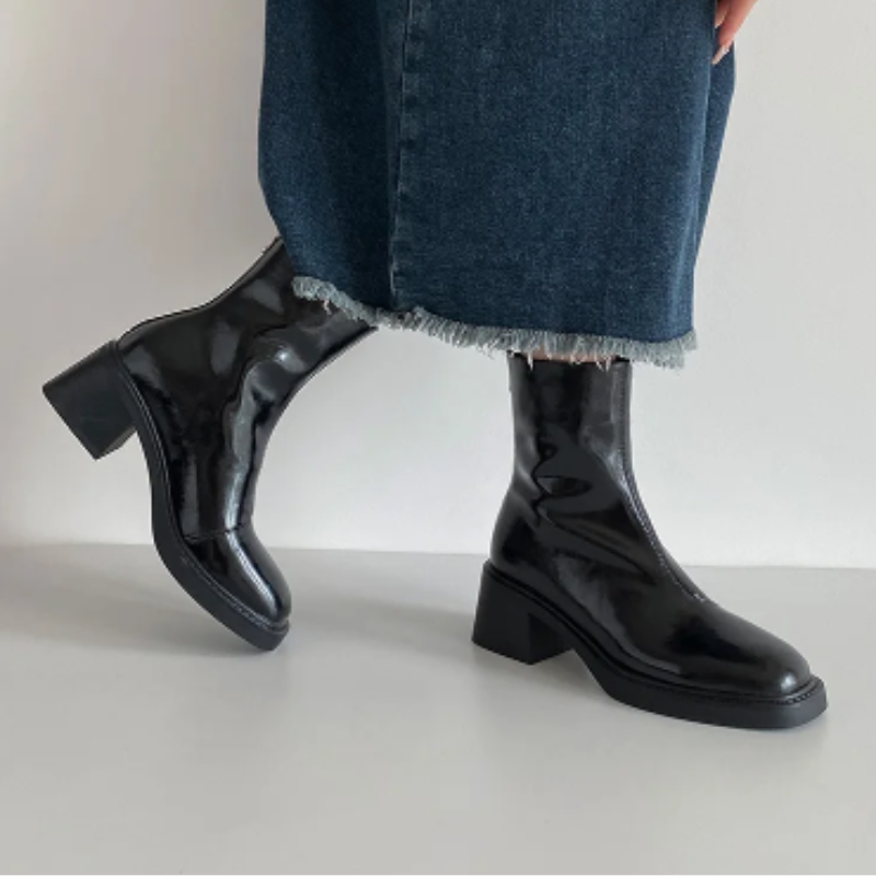 Damen-Leder-Ankle-Boots mit Blockabsatz