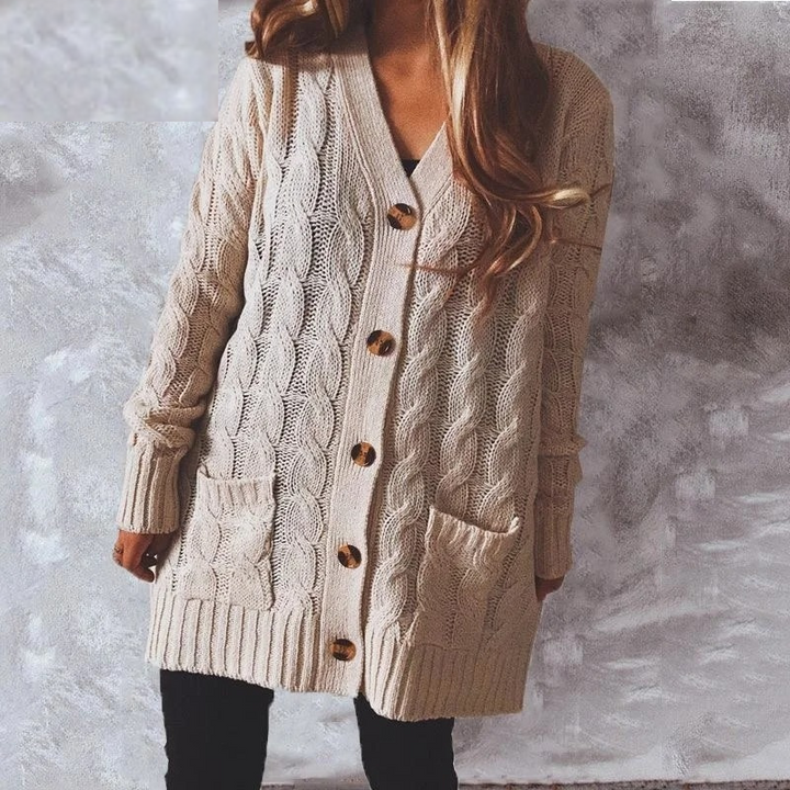 W&W Mode | Wollstrickjacke Damen Mit Zopfmuster Und Holzknöpfen, Lockere