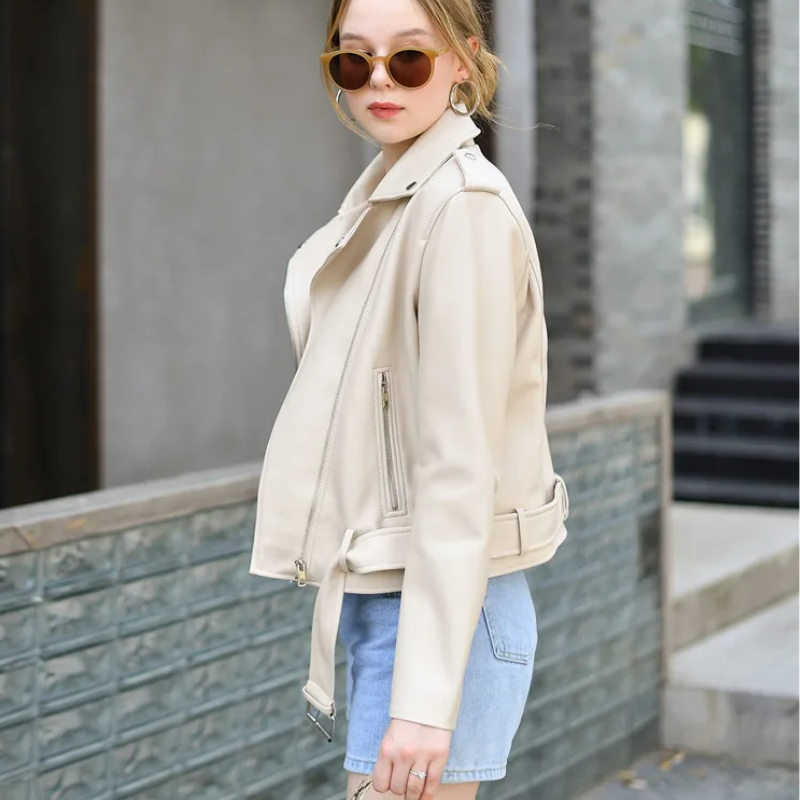 WW | Damen-Biker-Lederjacke mit Reißverschlüssen und Gürtel