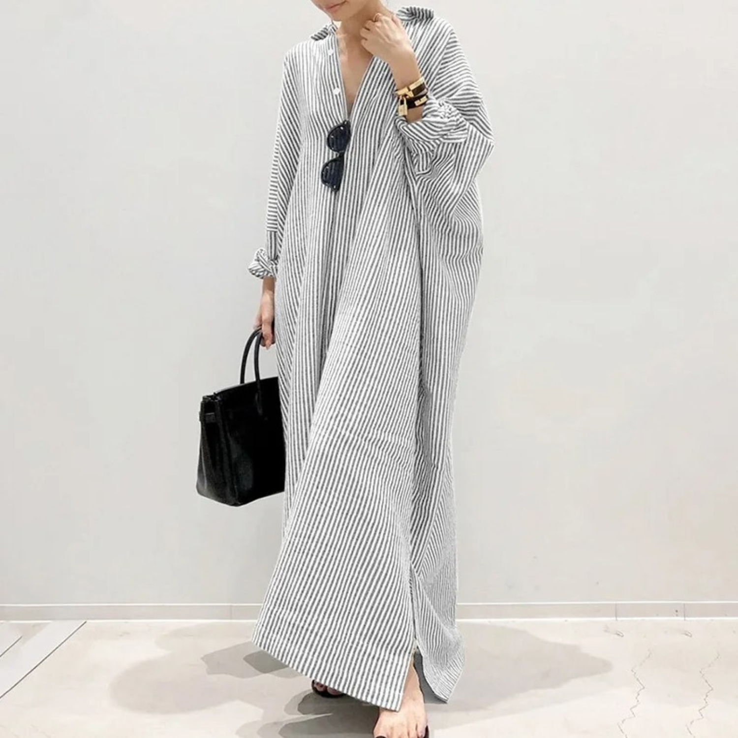 WW - elegantes gestreiftes Blusenkleid mit Knöpfen