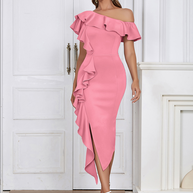Asymmetrisches, figurbetontes Midikleid mit Rüschenkragen | Rosa