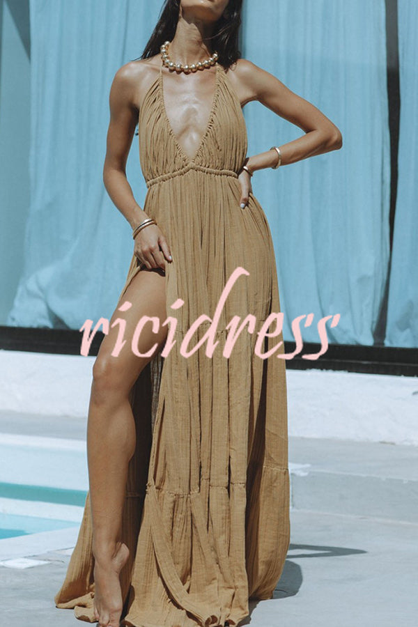 W&W Mode – Neckholder-Maxikleid aus Leinenmischung mit rückenfreiem Schlitz