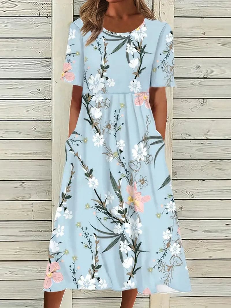 WW | Midi Kleid Blumendes Muster Rundhals Kurze Ärmel Luftig und Bequem