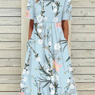 WW | Midi Kleid Blumendes Muster Rundhals Kurze Ärmel Luftig und Bequem