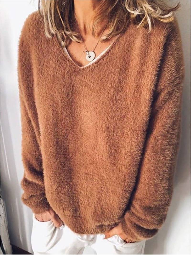 W&W Mode - V-Ausschnitt Kuscheliger Plüsch-Pullover