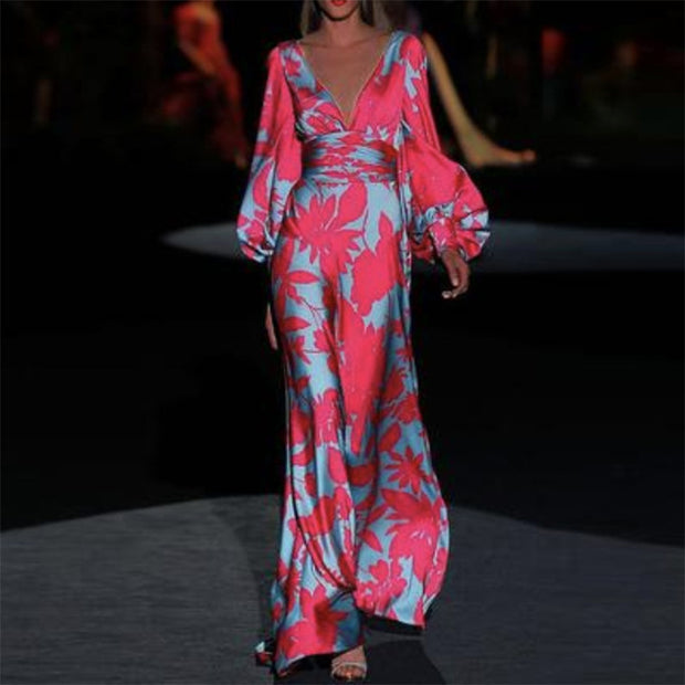 Damen Elegantes Maxi-Jumpsuit mit floralen Mustern und tiefem V-Ausschnitt WW