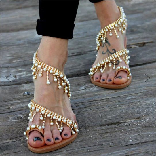 W&W Mode | Orthopädische Sandalen Flache Perle Bequeme String Perlen Hausschuhe
