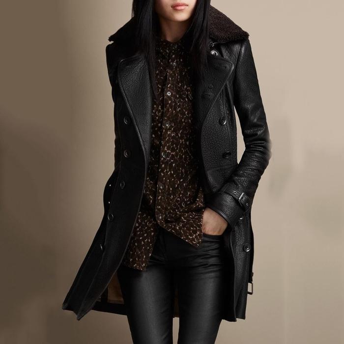 WW | Zweireihige Lederjacke Mit Schaffellkragen Für Damen
