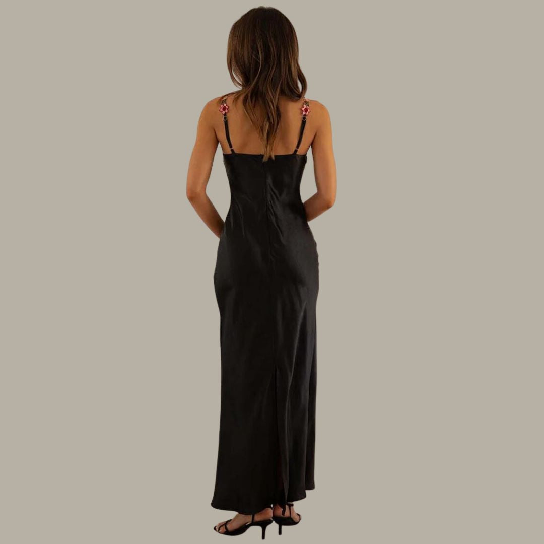 W&W Mode | Blume Bootsausschnitt Hoher Schlitz Satin Schlank Garten Party Slip Maxikleider