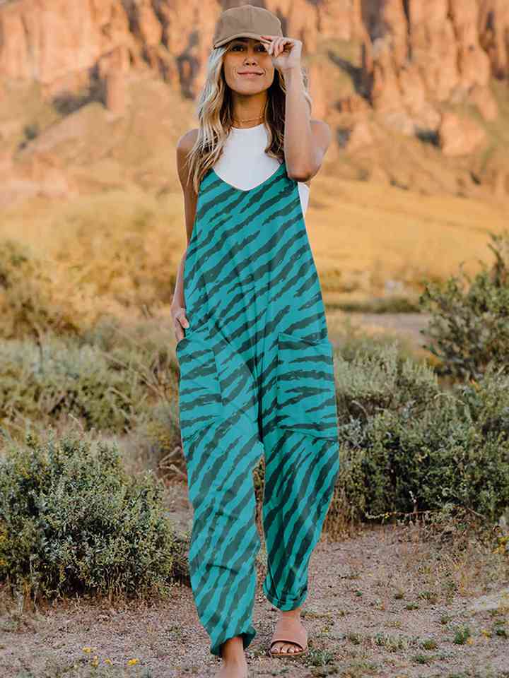 WW | Große Größe Bedruckter V-Ausschnitt Ärmelloser Jumpsuit