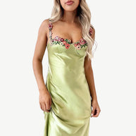 WW | Blume Bootsausschnitt Hoher Schlitz Satin Schlank Garten Party Slip Maxikleider