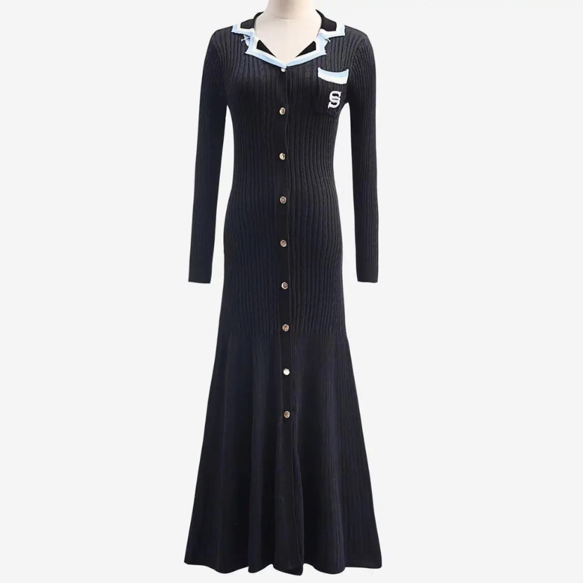 WW | Lange Ärmel Rippstrick Midi Kleid, Strick Damen Kleid