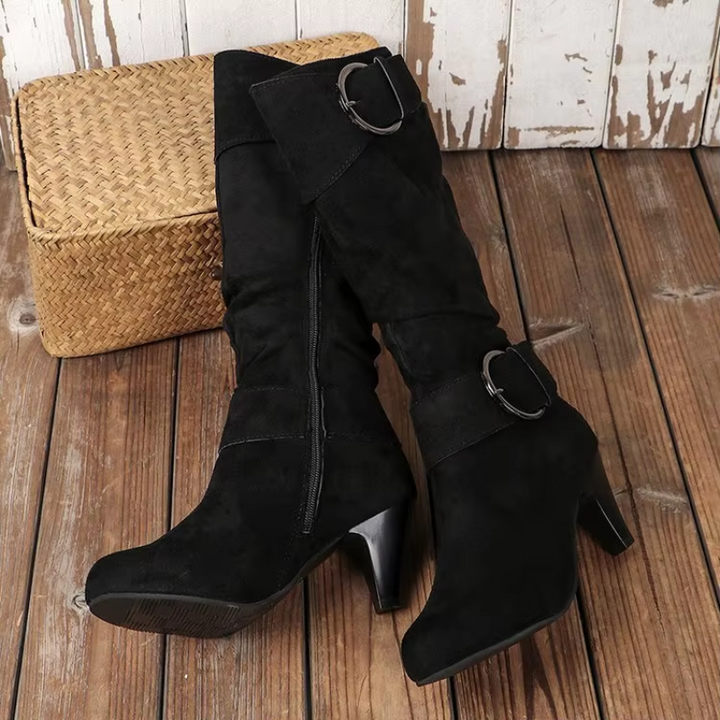 W&W Mode | Damen Knielange Stiefel mit Reißverschluss und Schnalle Stilvolle Hohe Stiefel