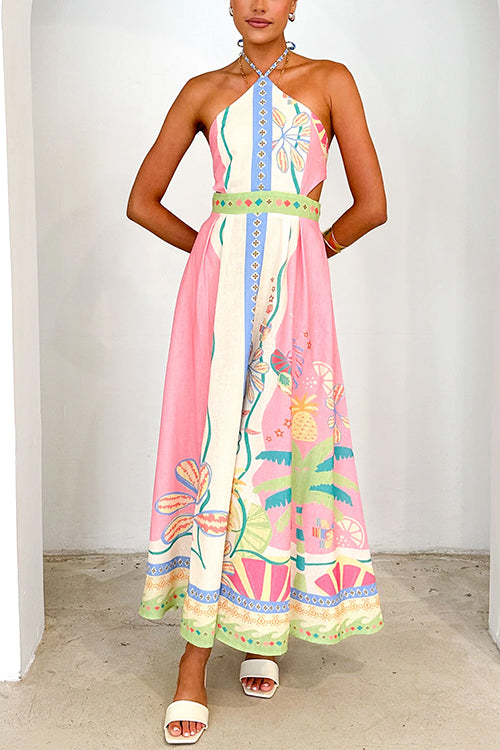 WW | Halter Schnürung Rückenfreies Rio Print Maxi Kleid
