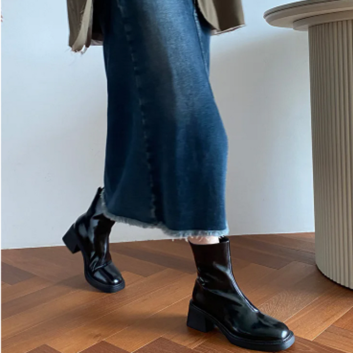 Damen-Leder-Ankle-Boots mit Blockabsatz