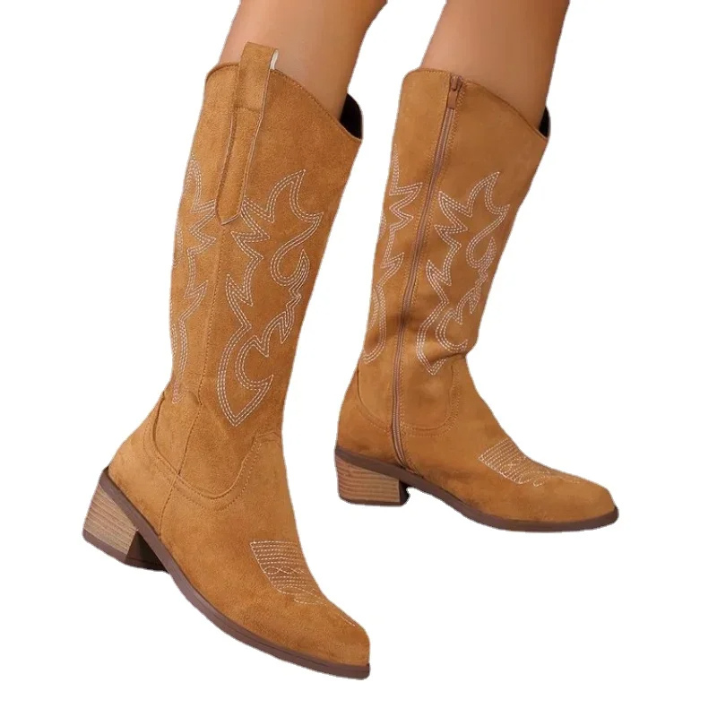 W&W Mode | Wildleder Western Stiefel mit Bestickten Details Cowboy Stiefel Damen