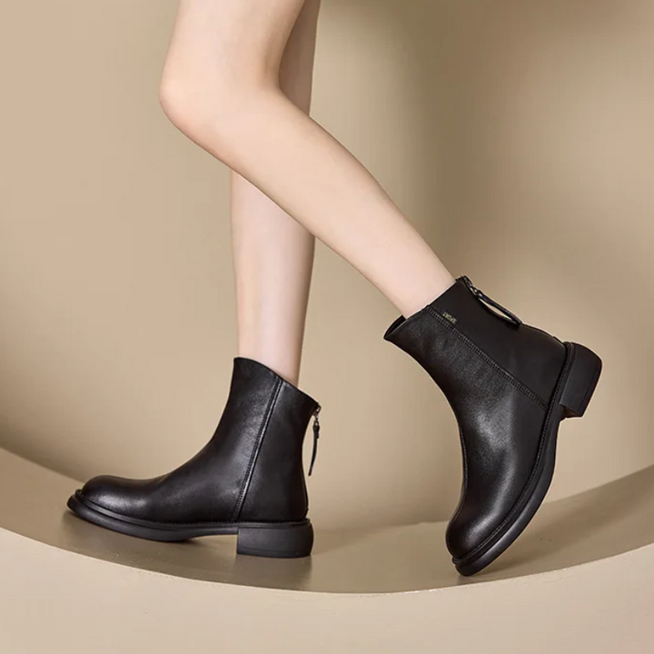 Damen Leder-Ankle-Boots mit rückseitigem Reißverschluss und niedrigem Absatz