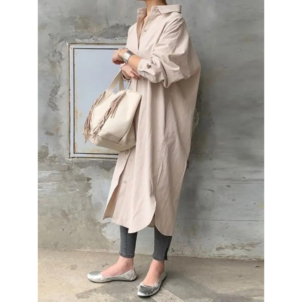 WW | Einfarbig Lange Blusen Kleid Mit Kragen