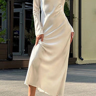 WW | Rosiedress Rundhals Lange Ärmel Satin Maxi Partykleid