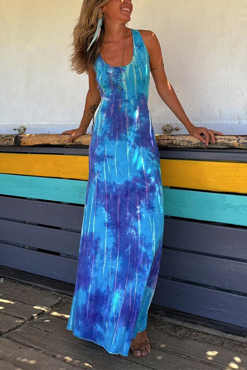 WW | Scoop Neck Rückenfreies Criss Cross Tie Dye Maxikleid