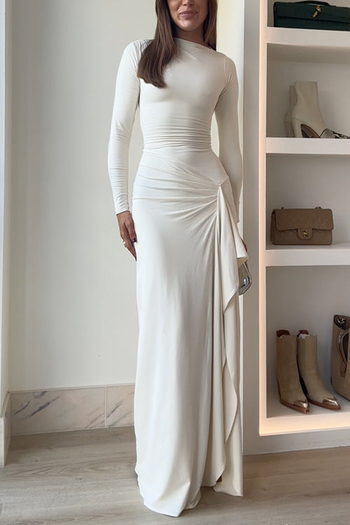 WW | Lange Ärmel Drapiertes Schlitz Maxi Party Kleid