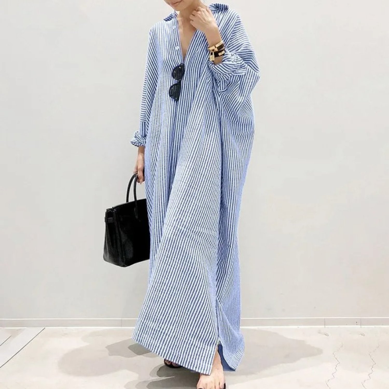 WW - elegantes gestreiftes Blusenkleid mit Knöpfen