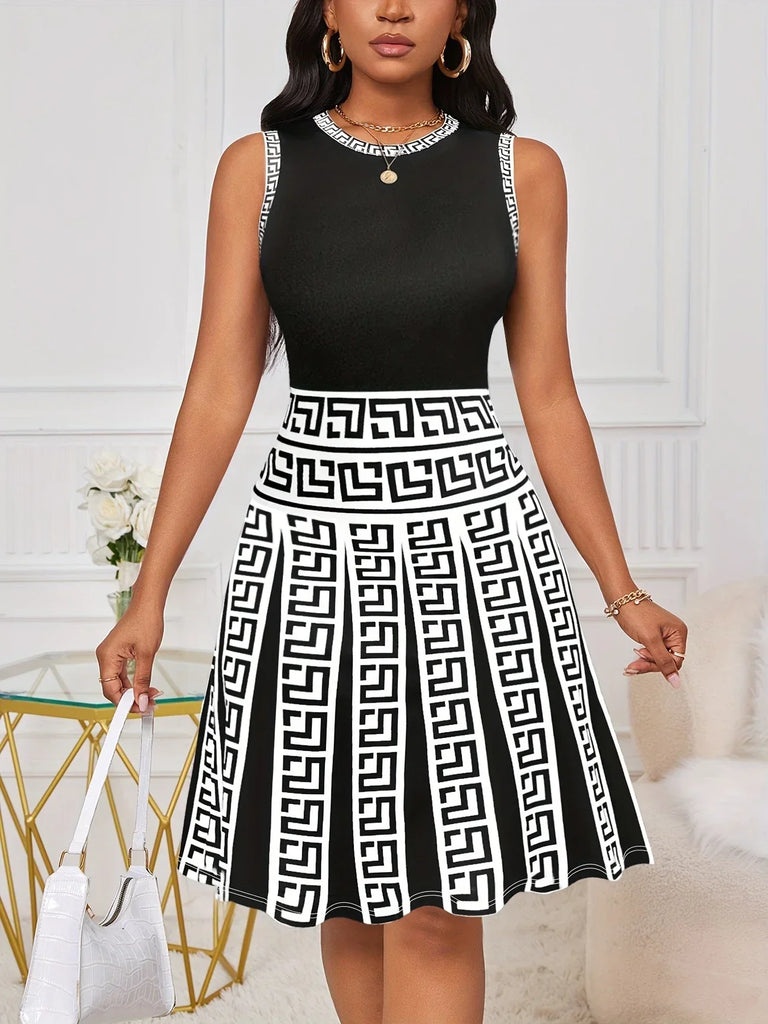 WW | Sommerkleid mit Geometrischem Druck Ohne Ärmel, Elastische A-Linie