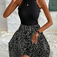 WW | Elegantes Kleid mit Blumenmuster und Spitze Halter Ohne Ärmel Sommer