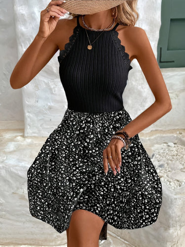 WW | Elegantes Kleid mit Blumenmuster und Spitze Halter Ohne Ärmel Sommer