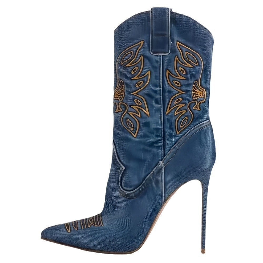 WW | Damenmode Western Denim Stil High Heels Stiefel