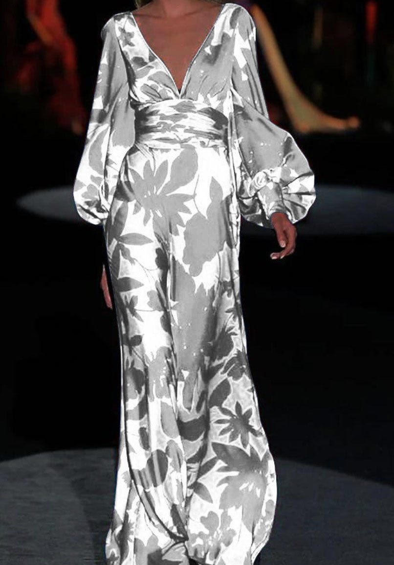 Damen Elegantes Maxi-Jumpsuit mit floralen Mustern und tiefem V-Ausschnitt W&W Mode