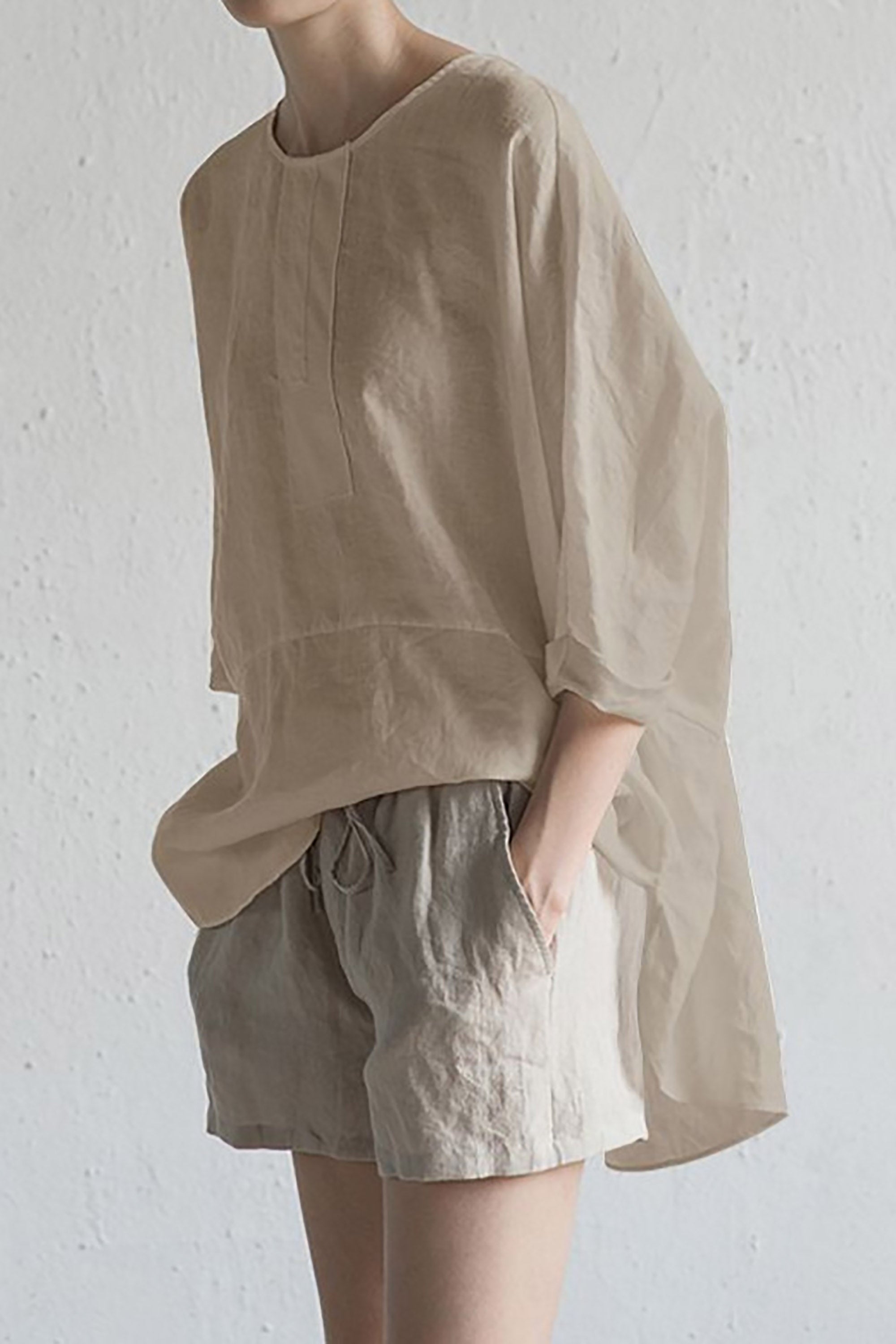 WW | stilvolle Strickjacke aus japanischer Leinen - Halbärmel und runder Ausschnitt