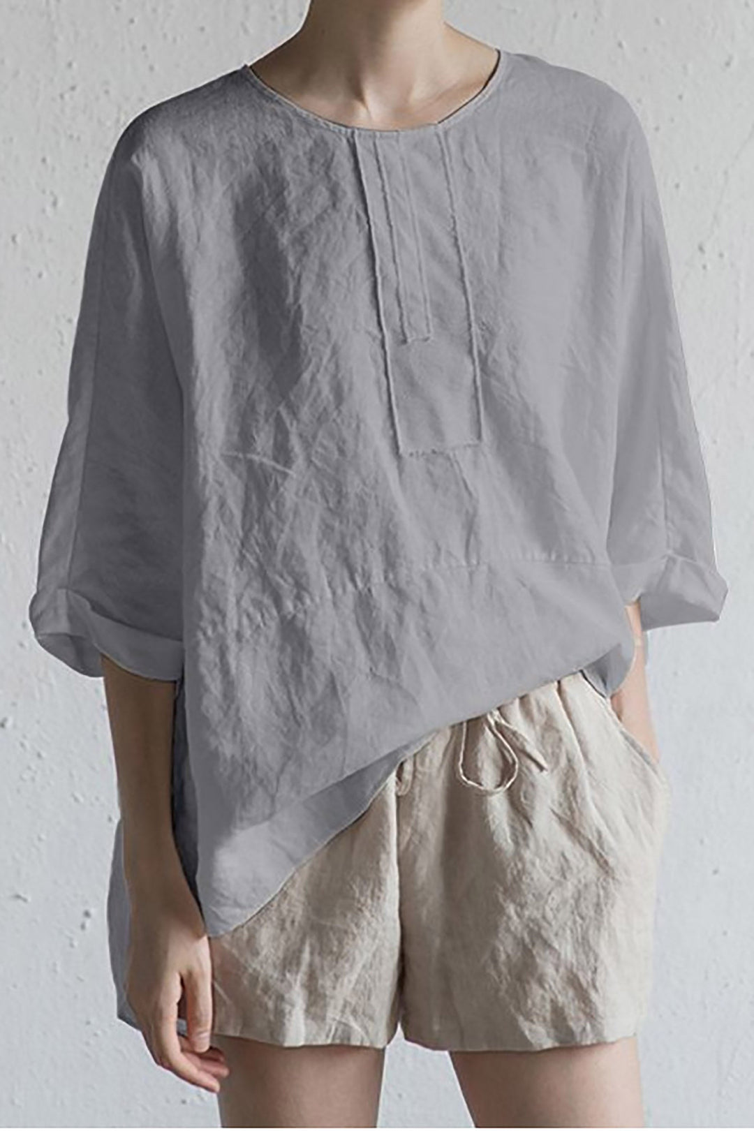 Damen Strickjacke aus Leinen mit halben Ärmeln und Rundhalsausschnitt