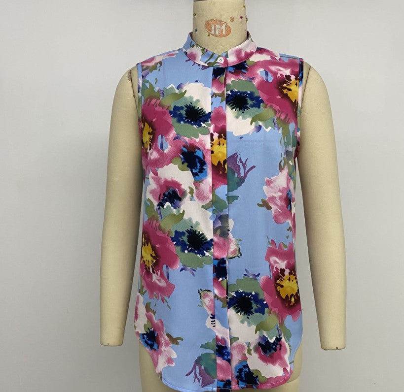 Damen ärmellose Bluse mit floralem Design und strukturierter Knopfleiste WW