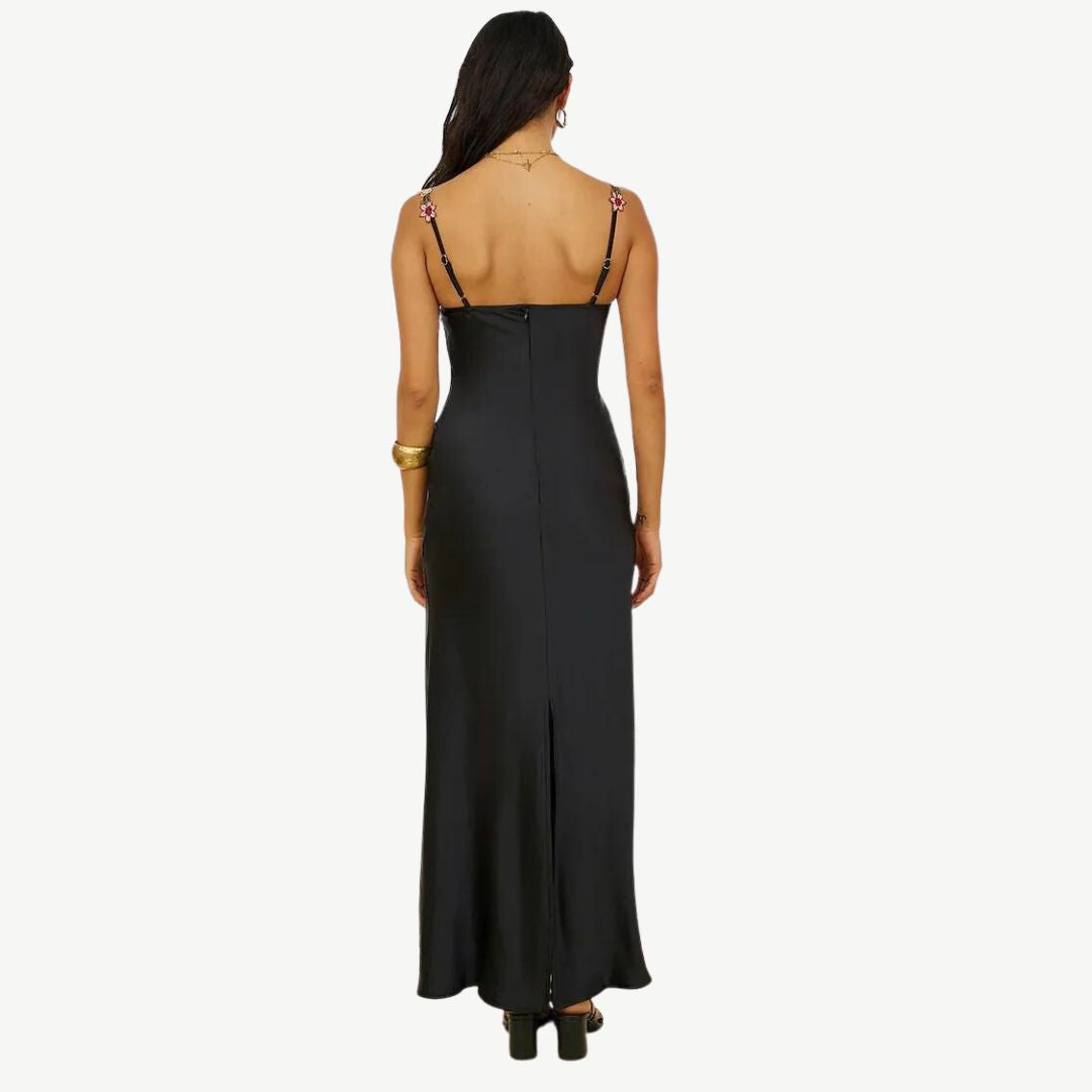 W&W Mode | Blume Bootsausschnitt Hoher Schlitz Satin Schlank Garten Party Slip Maxikleider