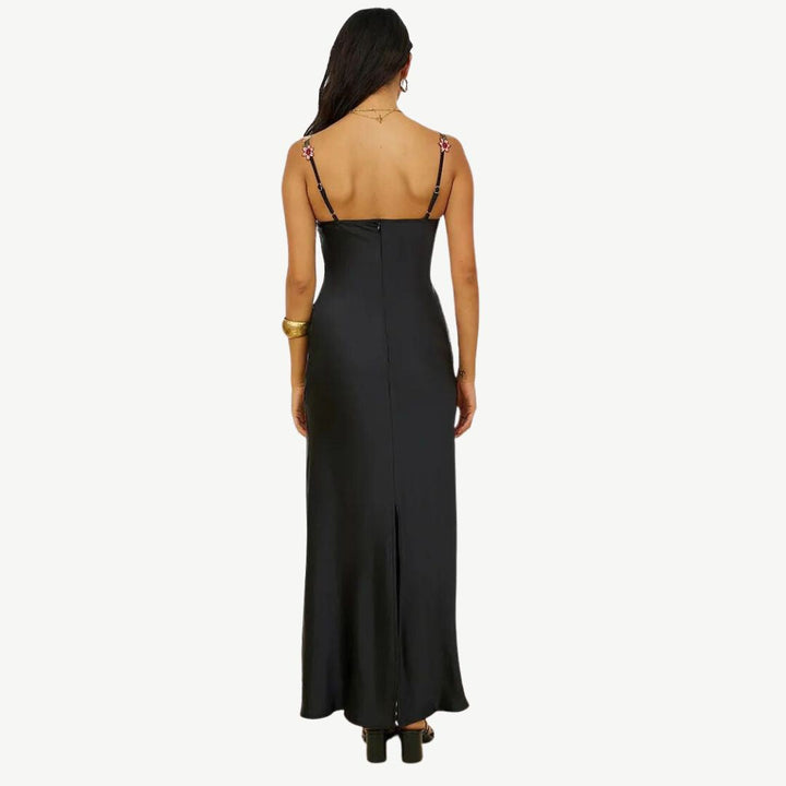 W&W Mode | Blume Bootsausschnitt Hoher Schlitz Satin Schlank Garten Party Slip Maxikleider