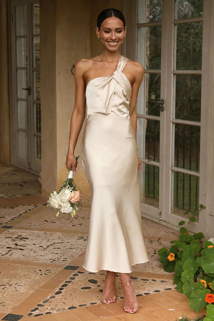 WW | Ein Schulter Rückenfreies Satin Brautjungfer Hochzeit Party Bodycon Fishtail Maxi Kleid