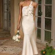 WW | Ein Schulter Rückenfreies Satin Brautjungfer Hochzeit Party Bodycon Fishtail Maxi Kleid