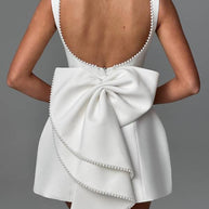 WW | Stylisches mit Perlen Verziertes Großes Schleifen Slim-Fit Mini-Kleid