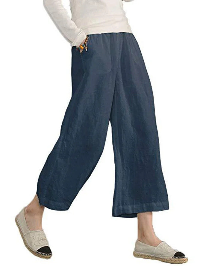 Damen weite Leinenhose mit elastischem Bund und praktischen Seitentaschen WW
